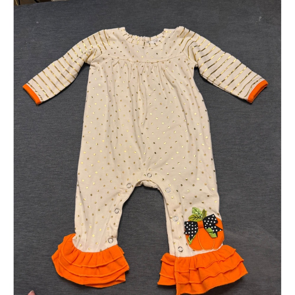 Rare Editions Baby Girls 9M Pumpkin Romper‎ Gold Foil Polka Dot Ruffle Jumpsuit